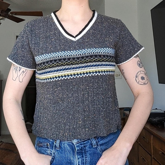 Vintage Y2K V Neck Preppy Speckled Pullover Short Sleeve Sweater - Picture 1 of 5